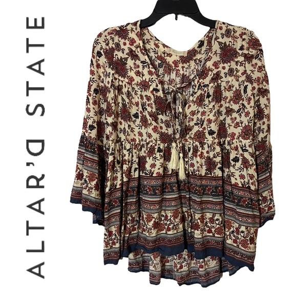 Altar'd State Tops - Altar’d State Flowy Bell Sleeve Bohemian Peasant Floral V Neck Front Tie Blouse